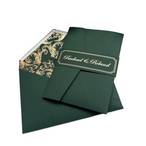 Tarjeta de Invitación de Aniversario Personalizada, Elegante, con Papel Rectangular Verde y Detalles en Relieve con Lámina Dorada - Product Image 5