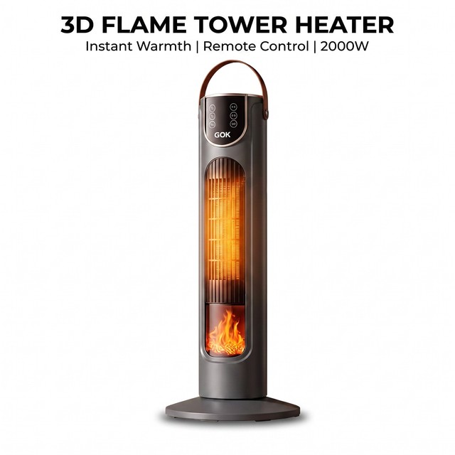 Tower PTC Ceramic Heater 2000W PTC-PH15 with Handle Flame Effect Remote Control Bladeless Design