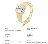 Bague en argent sterling S925 avec moissanite taille coussin, style européen et américain, finition brossée, tendance et minimaliste pour homme