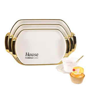 New Arrival White Color gold handle Rectangle shape plastic food Serving Plastic Fruit Tray Plates for living room