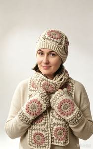 Custom Crochet Granny Square <b>Scarf</b> <b>Hat</b> <b>and</b> Glove <b>Set</b> Handmade Knit Winter Accessory Gift for <b>Women</b> - Product Image 1