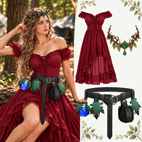 Set Kostum Peri Elf Renaisans, Gaun Peri Hutan Abad Pertengahan dengan Korset, Sabuk, Kantong, Hiasan Kepala Daun, Pakaian Cosplay Halloween