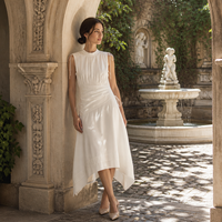 Robe vintage pour femme en coton, coupe trapèze, drapée, longueur genou, unie, col montant, avec cordon de serrage, sans manches