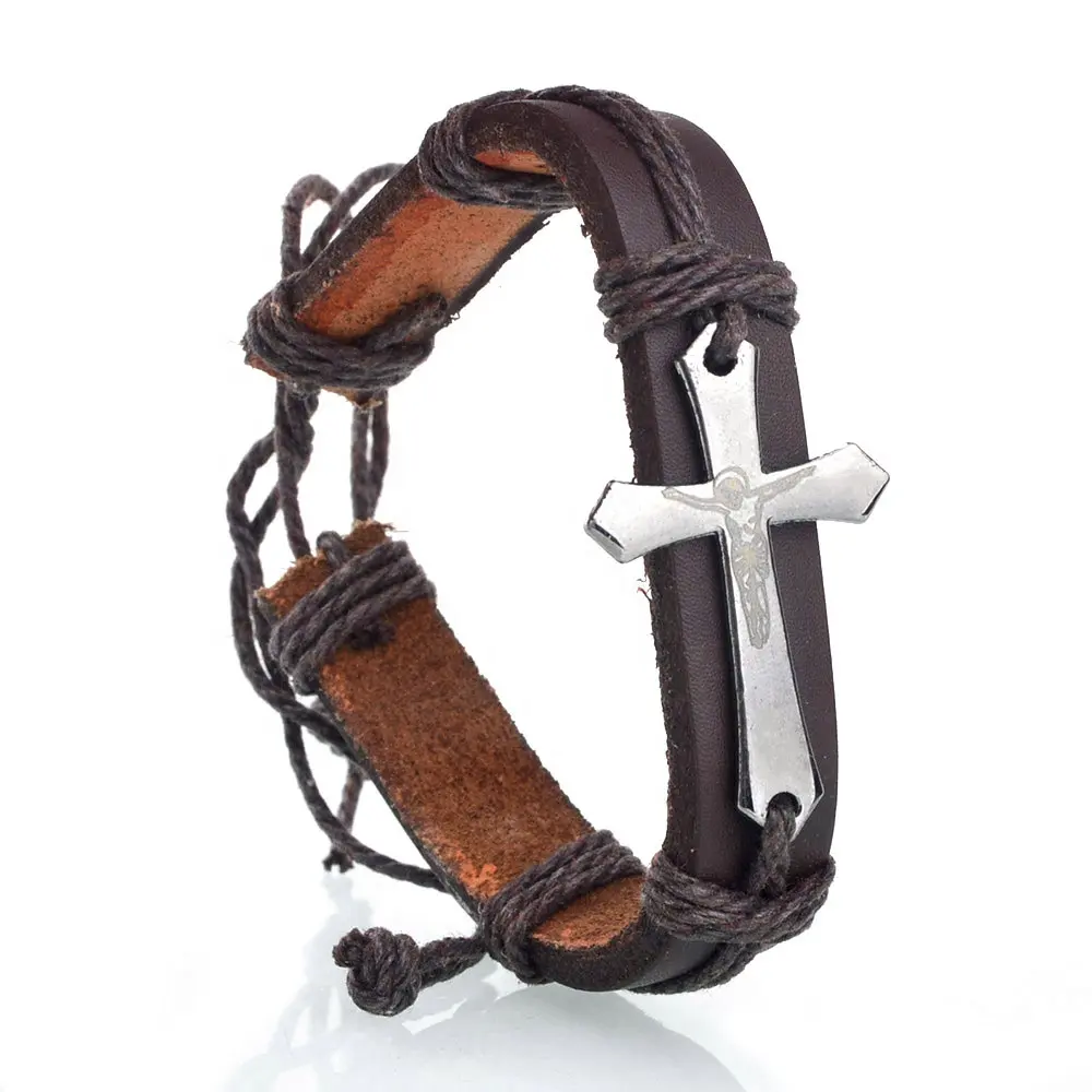 Плетеный коричневый кожаный браслет на запястье женский браслет с крестом католический Иисус металлический черный мужской кожаный браслет