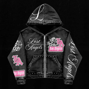 Sudadera con Capucha para Hombre de Algodón Puro de Alta Gama, con Parche Bordado Personalizado, Diseño con Cremallera, Estilo Urbano Retro, Serigrafía y Pedrería Termoadhesiva - Product Image 1