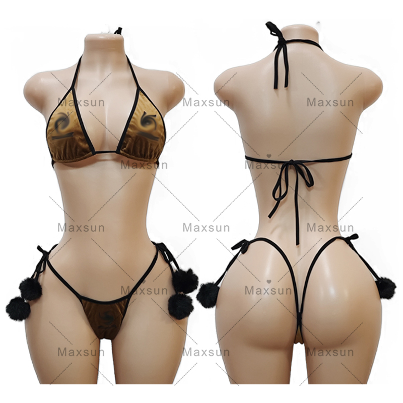 Maxsun Exotic Dancewear Stripper Outfit Spice Girl Silk Sexy Deep V Strap Halter Triangle Bra No Underwire Bikini