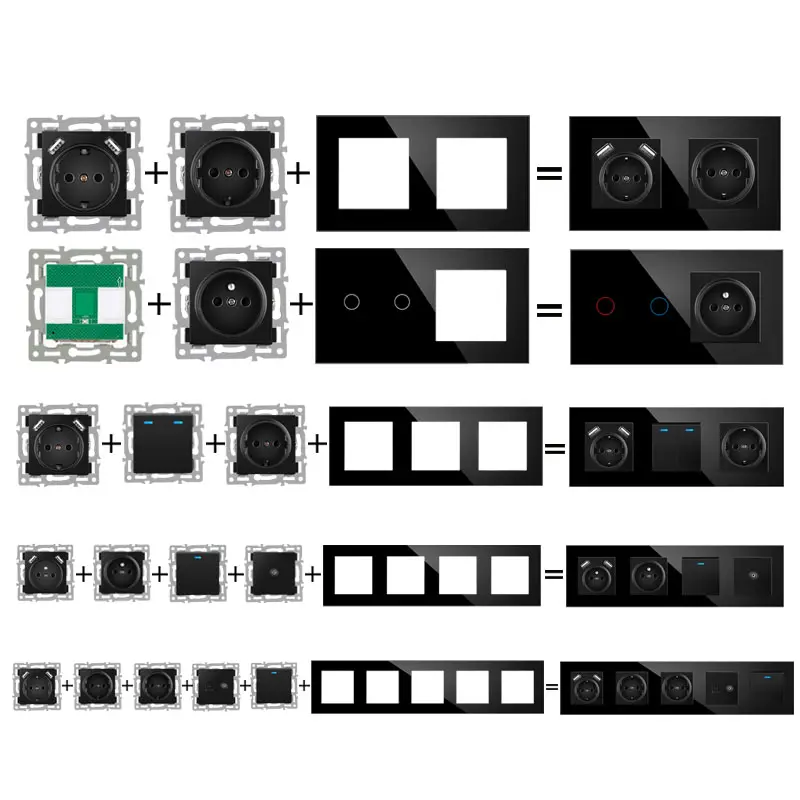 ヨーロッパのブラックタッチガラスパネル壁掛けスイッチモジュール電源ソケットボタン機能と自由に組み合わせたスイッチ