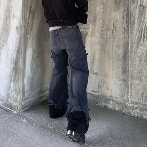 Jeans in Denim Effetto Consumato e Tinto 15oz, Jeans a <span class=keywords><strong>Doppio</strong></span> Strato con Apertura Asimmetrica, Accessori Metallici Personalizzati, Jeans Baggy da Uomo - Product Image 4