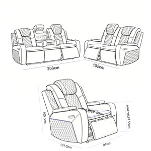 Ensemble de fauteuils inclinables 3+2+1 places avec éclairage LED, porte-gobelets, table rabattable, cadre en bois et tissu moderne, pour la maison, 8452 Premium Reclining Com - Product Image 6
