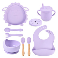 Ensemble de vaisselle pour enfants en 8 pièces, bols et assiettes en silicone avec cuillère, fourchette et tasse à manche en bois, passe au micro-ondes
