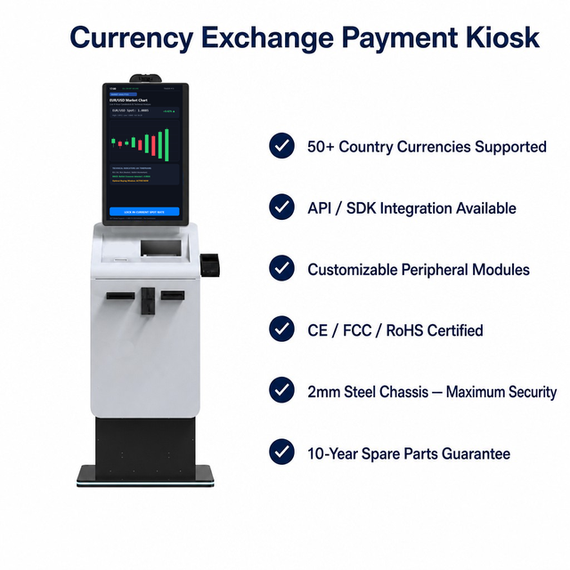 Multi-Currency Exchange Kiosk with Passport Scanner Cash Recycler QR Reader Receipt Printing and Open API SDK Support