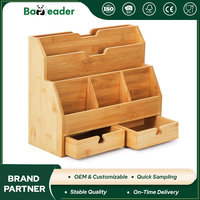 Organisateur de bureau multi-sections en bambou naturel de qualité supérieure, porte-documents, rangement pour documents, avec 2 tiroirs pour une utilisation sur le bureau