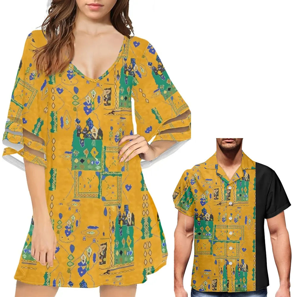 2022 New Tie dye asia & pacific islands clothing large size dress and men's shirts yellow custom couple clothing wholesale