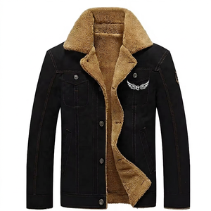 Men's Winter Denim <b>Jacket</b> <b>With</b> <b>Lining</b> Embroidered Wings Logo Turn-down Collar Casual Thick Warm Coat - Product Image 1