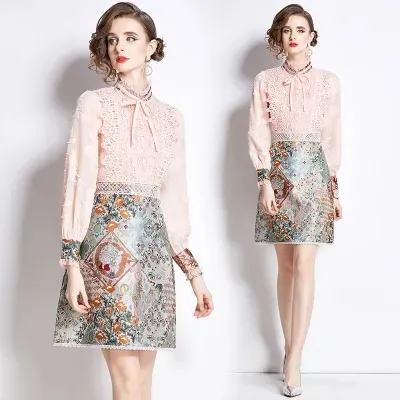 Custom Vintage Print Jacquard Elegant Dresses Lace Patchwork Nobel Party Banque Dress For Women