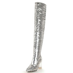 Bottes hautes transparentes à talon carré pour femme, brillantes et scintillantes, au-dessus du genou, chaussures d'hiver pour femme, bottes super longues - Product Image 3