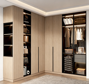 Luxury Light Oak Sliding Closet - Black <b>Frame</b> Glass & LED Lighting, Multi-Zone Storage for Modern Bedrooms - Product Image 3