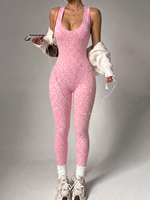 Combinaison de yoga sans couture à imprimé léopard pour femme, sans manches, col en V, une pièce, justaucorps de sport moulant, ensemble de vêtements de sport pour la gym et le fitness