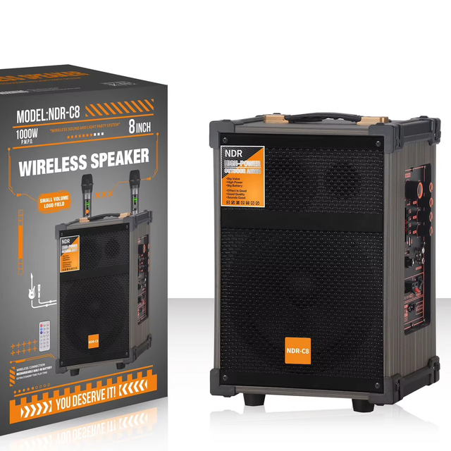 NDR-C8 Retro Wooden BT Wireless Speaker 8 Inch 40W 7.4V/1800MAH Battery with 2pcs Handheld Microphone for Karaoke