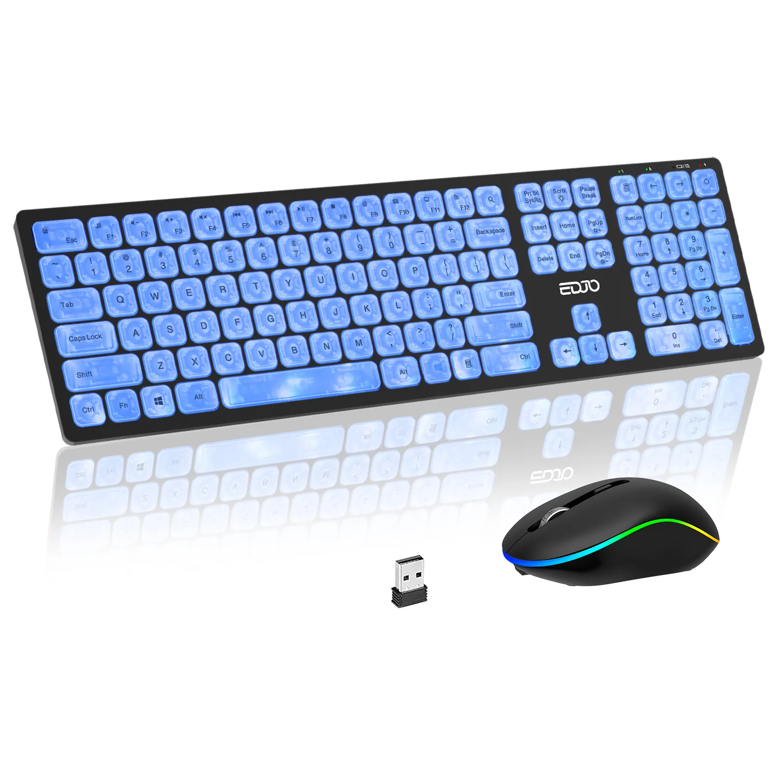 Tecla transparente con efectos retroiluminados de 7 colores, luz silenciosa, combinación de teclado y ratón inalámbricos recargables ultrafinos
