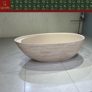 Bañera Ovalada Independiente GOLDKING Minimalista para Apartamento Urbano, en Travertino Beige, con Franjas Horizontales, Borde Liso OEM, Personalizable - Product Image 3