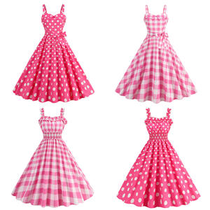 厂家供应休闲派对礼服热销粉色意大利面条带圆点格子印花现成热卖 - Product Image 1