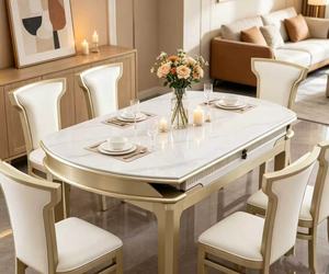 Luxury <b>Extendable</b> Marble <b>Dining</b> <b>Table</b> Set, 6 Seater with Cream Leather Chairs & Gold Frame - Product Image 3