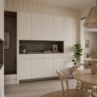 Buffet mural blanc grand format avec plusieurs portes et étagères ouvertes, meuble de rangement pour salle à manger, salon, maison