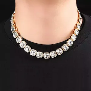 New Hip Hop fashion Men square Miami Cuban Hand Jewelry Necklace 12MM Rhinestone Zinc Alloy gold plated crystal Bling Chains