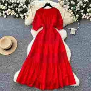 Vestido Midi Casual de Verano con Cuello en V para Mujer, Manga Corta, Estilo Túnica Vintage, con Retazos, Tejido Calado, Encaje, Corte en A, Ecológico y Lavable - Product Image 4