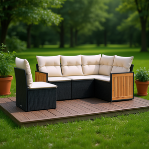 Conjunto de Sofá de Jardín de Ratán Negro para 4 Personas, Muebles de Exterior Resistentes a la Intemperie, Panel de Madera de Teca, Diseño Contemporáneo - Product Image 2