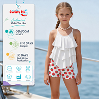 Setelan Baju Renang Dua Potong untuk Anak Perempuan dengan Ruffle, Pakaian Pantai, Baju Renang Anak, Celana Renang Bermotif, Cepat Kering, Bahan Nylon Spandex