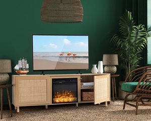 Electric Fireplace <strong>TV</strong> Stand Entertainment Center <strong>Rattan</strong> <strong>TV</strong> Stand Cabinet Table <strong>Unit</strong> with 2 Side Natural <strong>Rattan</strong> Doors - Product Image 1