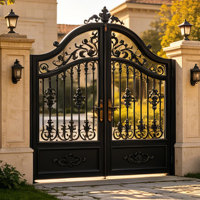 Portail double élégant en fer forgé de style européen, noir mat, porte d'entrée ornementale en métal forgé à la main