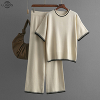 Ensemble deux pièces tricoté Lumos pour femme, style décontracté d'été, patchwork color-block, haut à manches courtes et pantalon large coupe décontractée