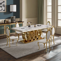 Ensemble de table à manger rectangulaire de style nordique moderne de luxe avec base en acier inoxydable et plateau en marbre durable pour 8 personnes
