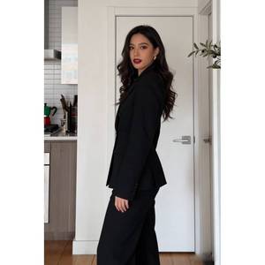 Conjunto de Traje de Blazer Cruzado de 2 Piezas para Mujer |   Blazer Negro Entallado y Pantalones Acampanados de Cintura Alta para Oficina - Product Image 2
