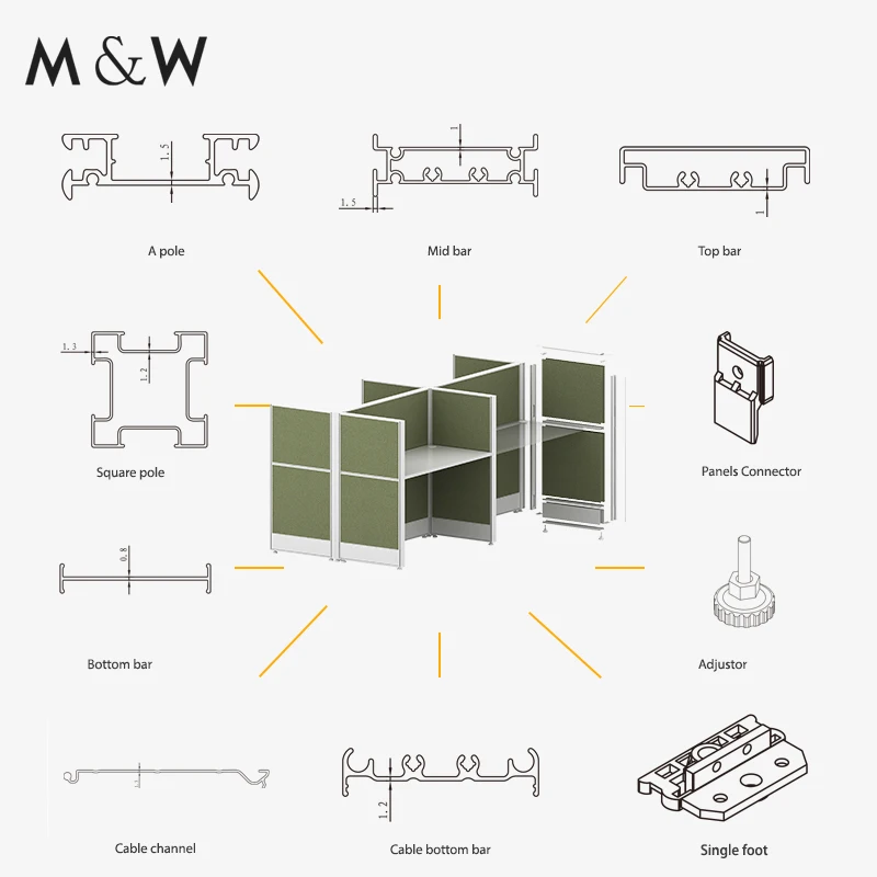 공장 직접 사무실 가구 칸막이 알루미늄 프레임 프로파일 사무실 파티션 워크 스테이션 분배기 액세서리