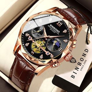 Binbond Men's Quartz Watch Rose Gold Black Dial Chronograph Moon Phase Date Leather Strap 11mm Analog 30M Waterproof - Product Image 1