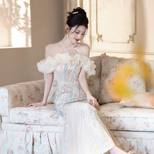 Champagne Evening Gown Women Halter Neck Mermaid Dress Ruffles Natural Waistline Coming Of Age Ceremony Elegant Formal Wear - Product Image 3