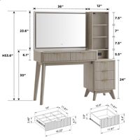 Coiffeuse moderne cannelée avec miroir LED de 36 pouces, plateau en verre transparent et armoire latérale avec multiprise intégrée pour chambre à coucher.