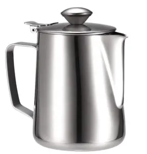 Manufactures Hot sale Silver finished 350ml Stainless Steel Coffee Pitcher Craft Latte Milk Frothing Pitcher Jug With Lid