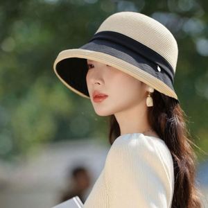Patchwork Breathable Raffia Straw Hat Rolled Edge <b>Sunscreen</b> Fisherman Hat Travel Vacation Sun Hat - Product Image 3