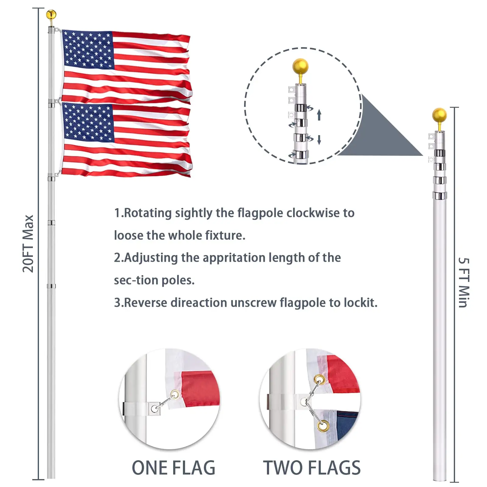 20FT 텔레스코픽 플래그 폴 키트, 헤비 듀티 알루미늄 신축 깃대 키트 플라이 2 플래그