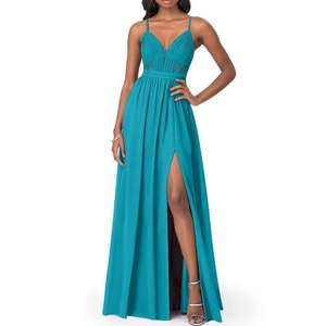 Robes de mariée personnalisées en dentelle magnifique 2023, longues robes de demoiselle d'honneur en mousseline turquoise - Product Image 4