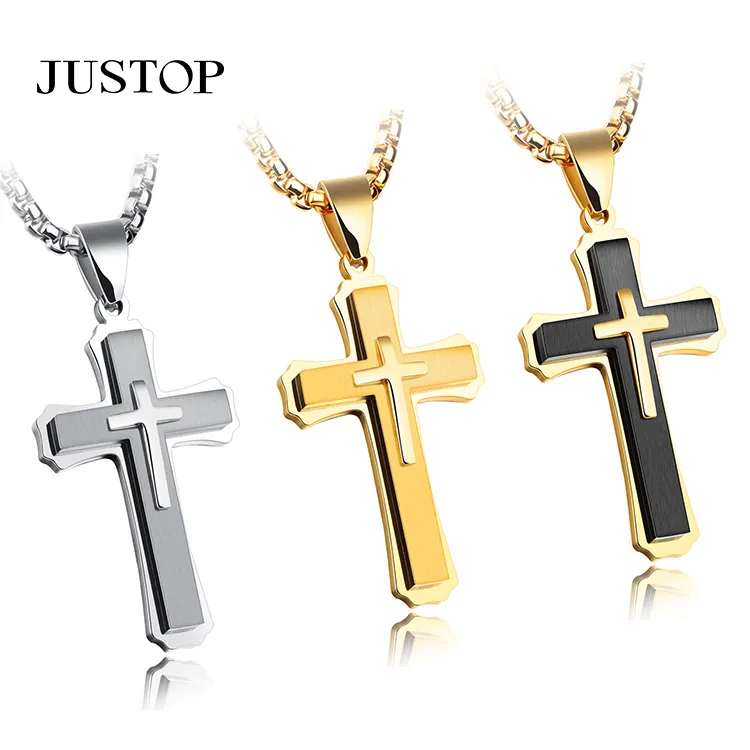 Big Titanium Steel Cross Pendant Necklace For Men Teen Boys Jewelry Three Layers Jesus Cross Crucifix Necklaces With Box Chain