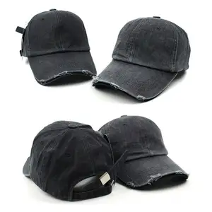 Custom Gewassen Oude Verontruste Caps Hoeden Groothandel Unisex Custom 6 Panel Vader Hoed Gewassen Denim Vernietigen Baseball Cap