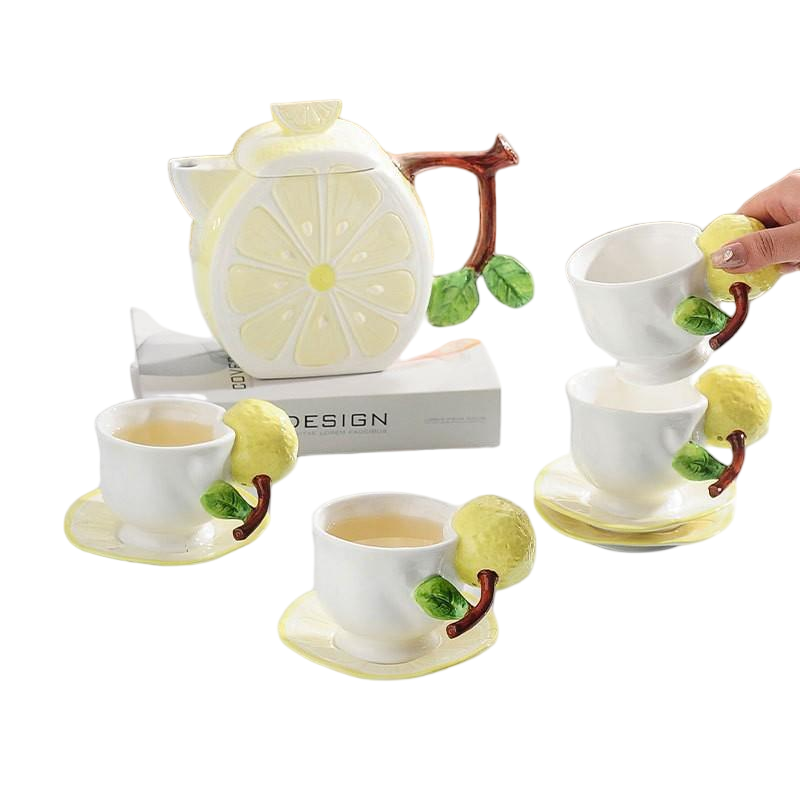 Juego de agua amarillo fresco limón claro (1 olla + 4 tazas y platillos)