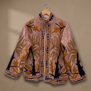 Chaqueta de terciopelo para mujer con bordado floral, cuello mandarín, manga larga, estilo étnico bohemio, estilo suzani, cálida para otoño, hecha a mano. - Product Image 1