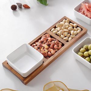 Plateau de service en bois d'acacia avec 3 bols en céramique, plateau alimentaire sectionnel pour sauces, noix, <span class=keywords><strong>bonbons</strong></span>, chips - Product Image 2